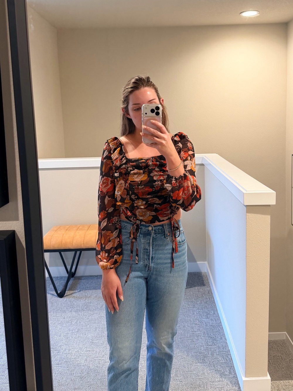 Women's Floral Ruched Long-Sleeve Crop Top - Rust Multi - Picture 1 of 4